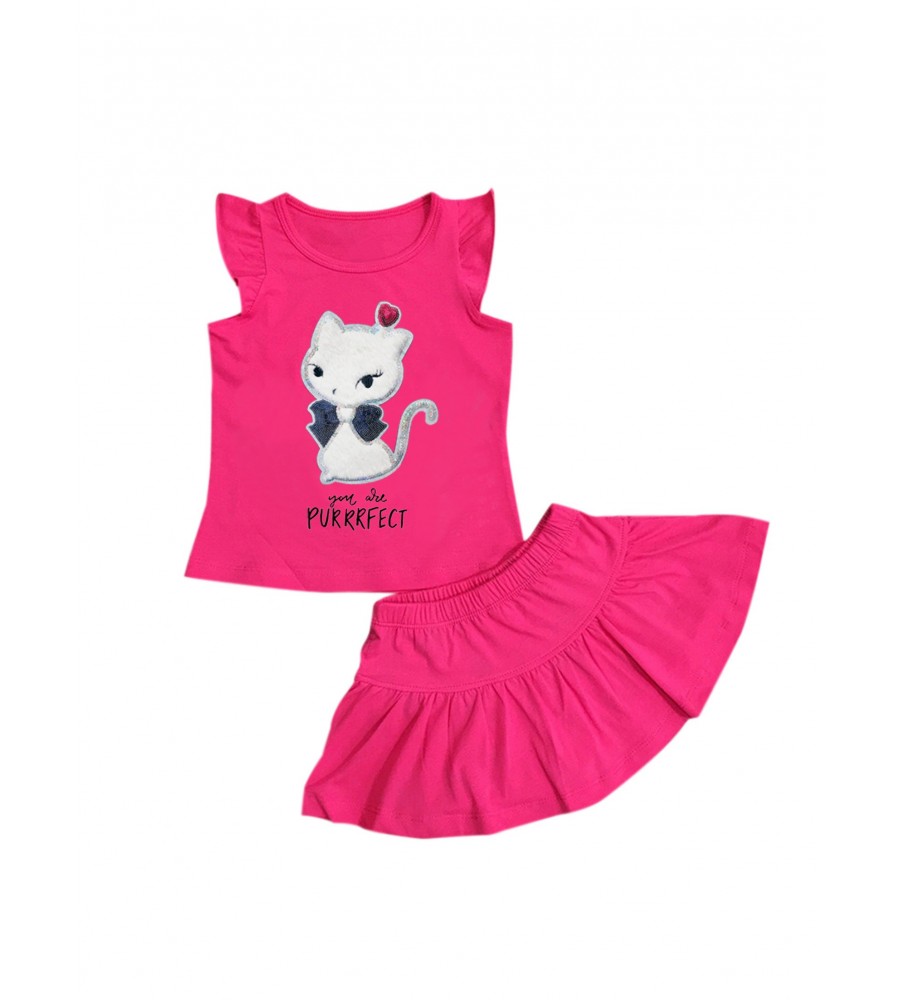 T-shirt and skirt for girls with sequin cat embroidery