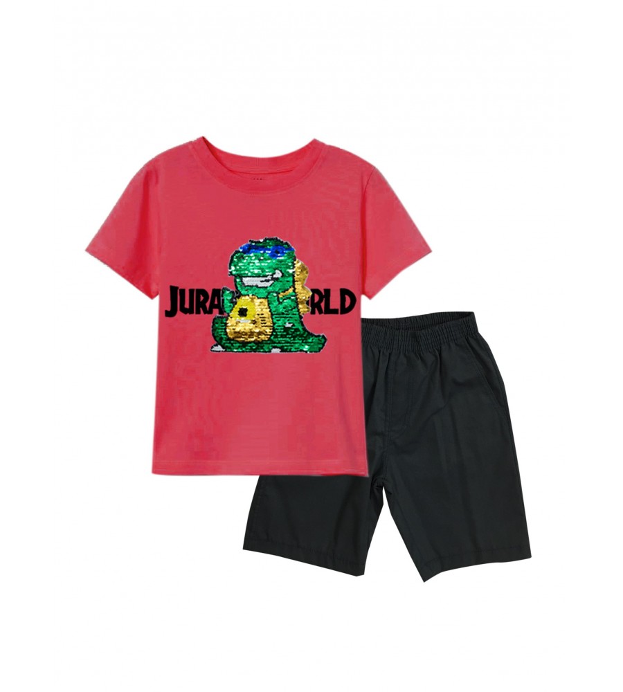 T-shirt with dinosaur embroidery and kaki short