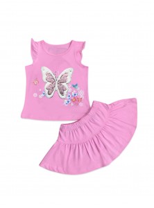 T-shirt and skirt for girls with sequin butterfly embroidery